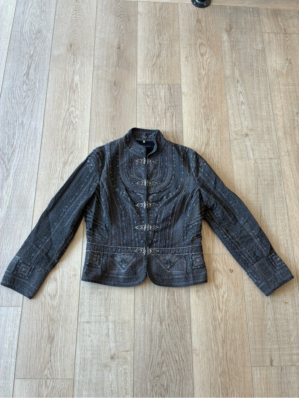Elie Tahari Napoleon Military Embroidered Quilted Jacket dark grey cotton small